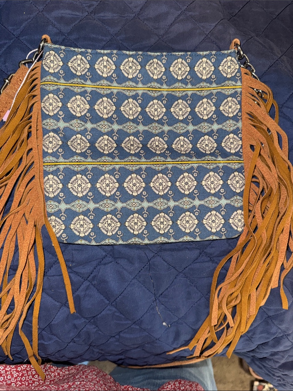 Fringed Blue Patterned Crossbody Bag